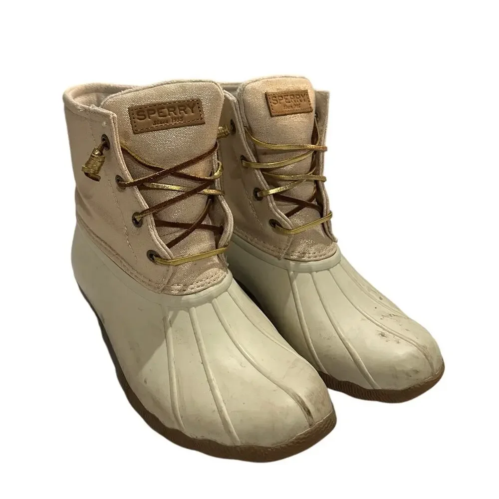 Womens Sperry Top-Sider Saltwater Canvas Rain Boots Oat/Gold Waterproof Rubber